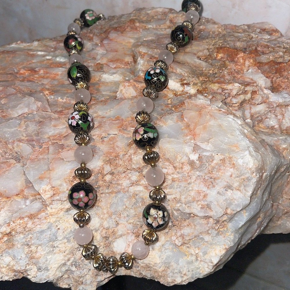 Antique Chinese Rose Quartz/Jade Cloisonné Bead Necklace